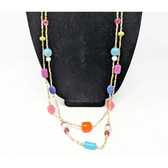 Chicos Necklace Double Strand Layered Multicolor Beaded Long New - Picture 3 of 8